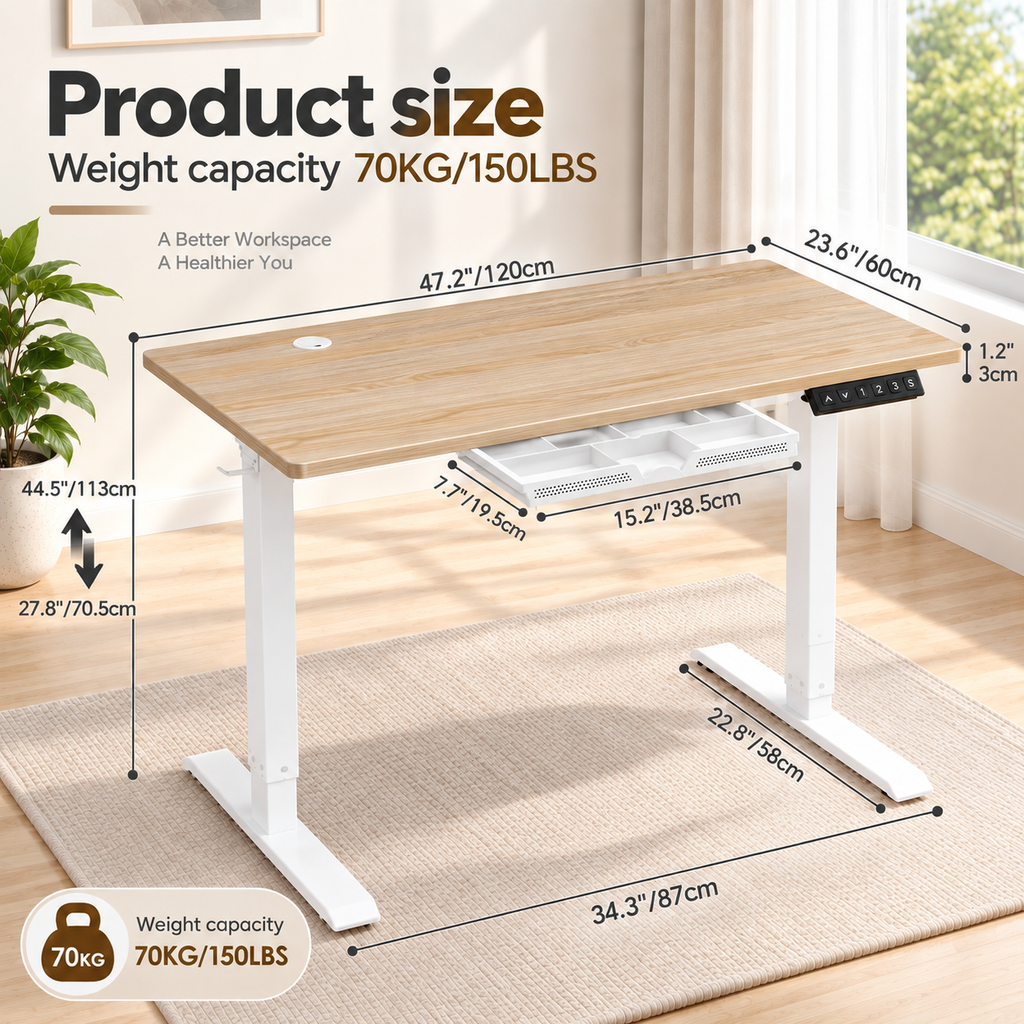 Anshine Electric Standing Desk 120 x 60cm – Height Adjustable Sit Stand Desk