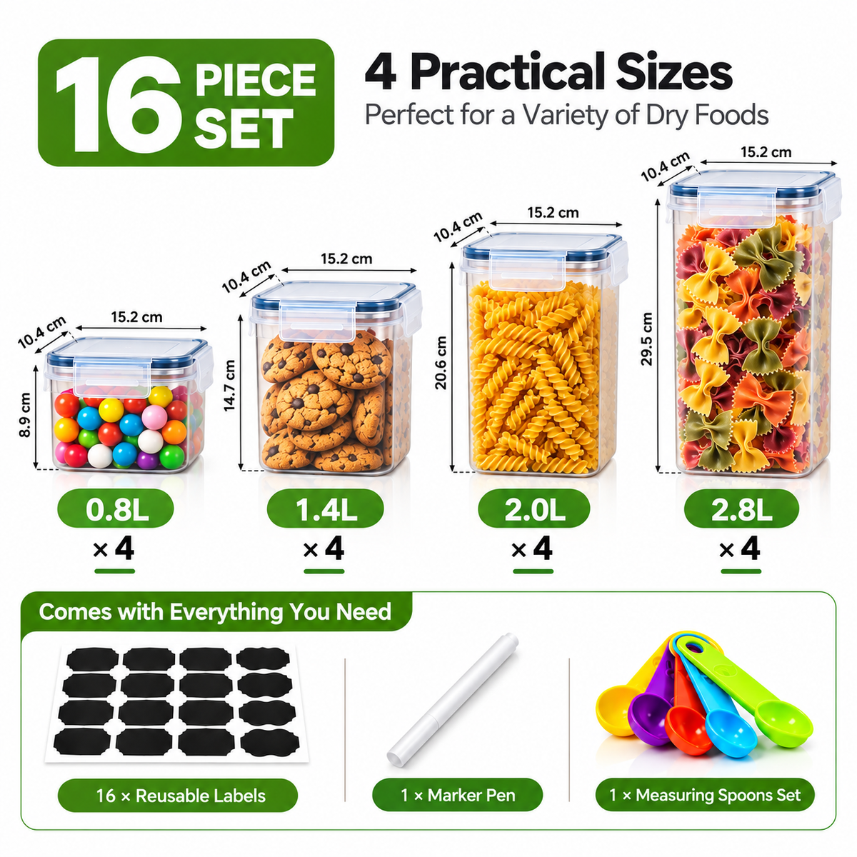 Airtight Cereal Storage Containers 16 Piece Set – Food Pantry Organiser