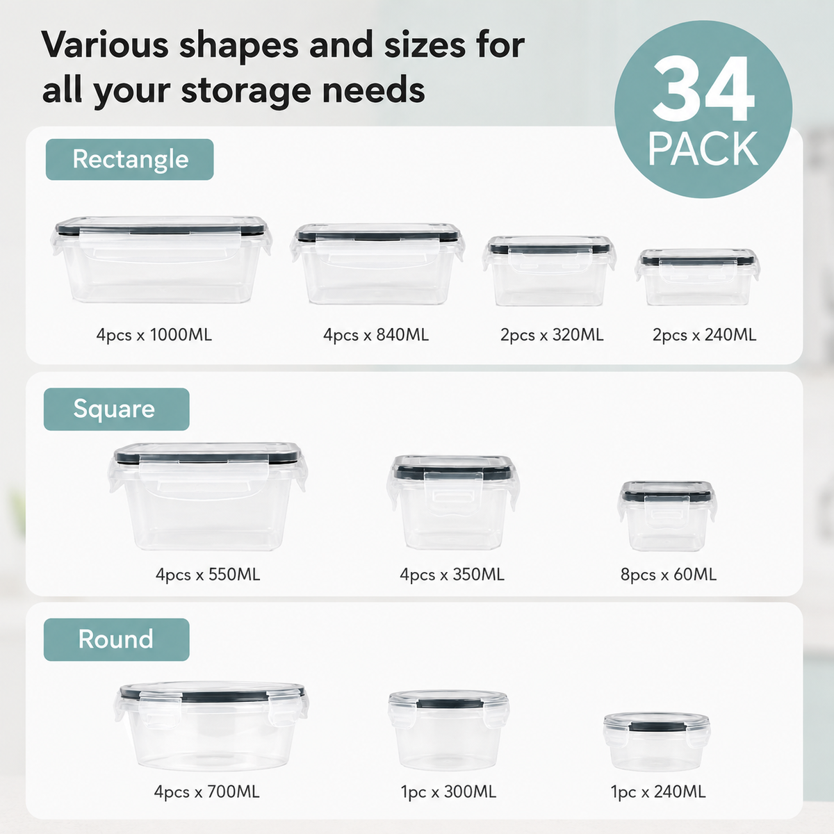 Anshine 34 Piece Airtight Food Storage Containers – BPA-Free, 4-Side Lock, Stackable Pantry Organization