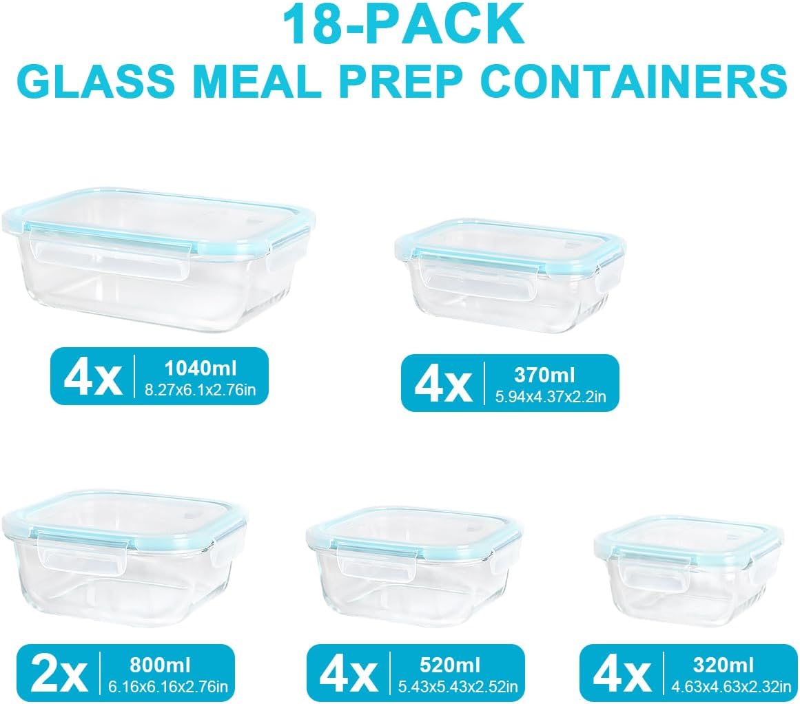 Anshine Glass Food Storage Containers – 18 Pack, Airtight & Leak-Proof