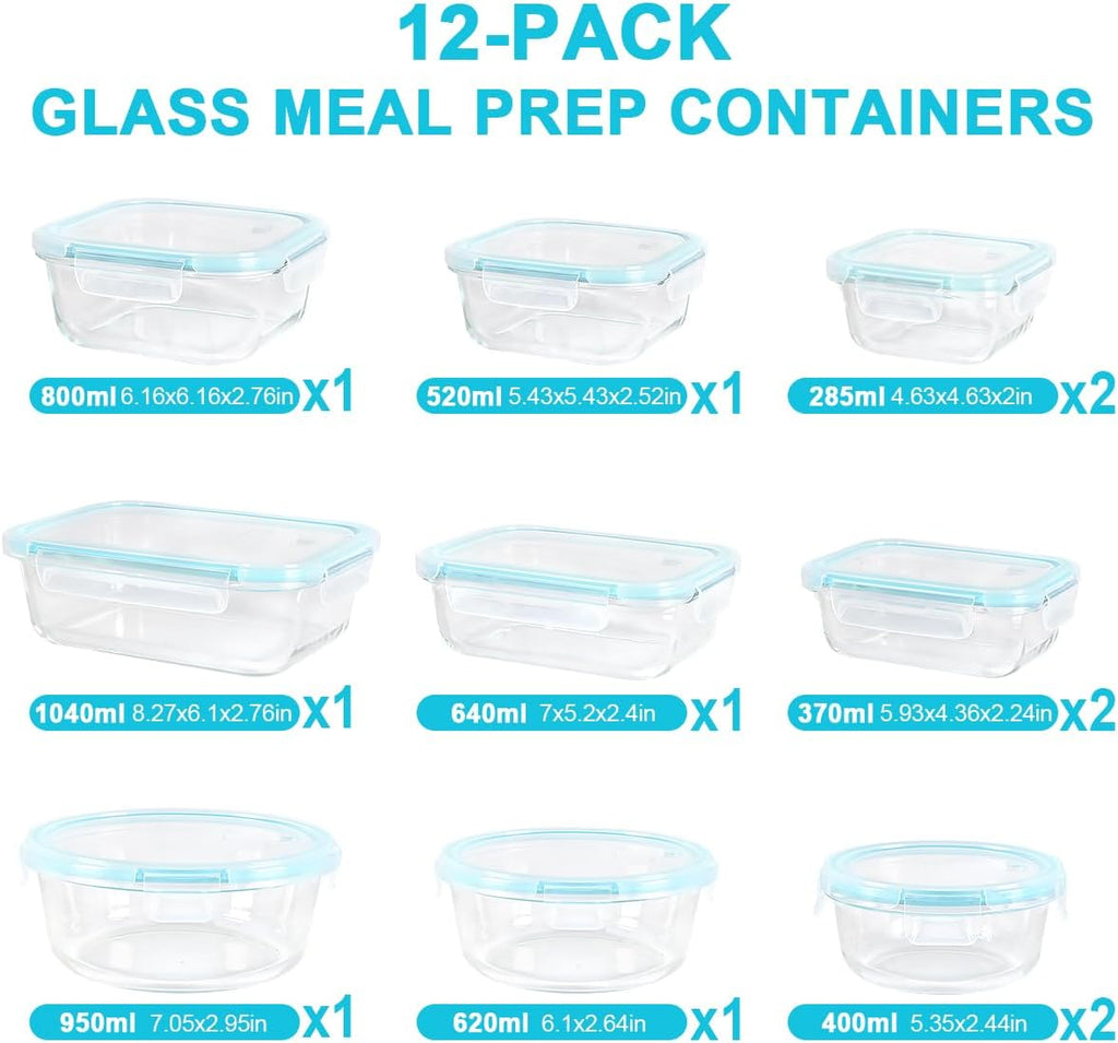 Anshine Glass Food Storage Containers – 12 Pack, Airtight & Leak-Proof